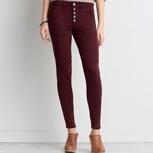 AMERICAN EAGLE Pant 4 Mid Rise Button Fly Utility Jeggings Wine Sateen Boho